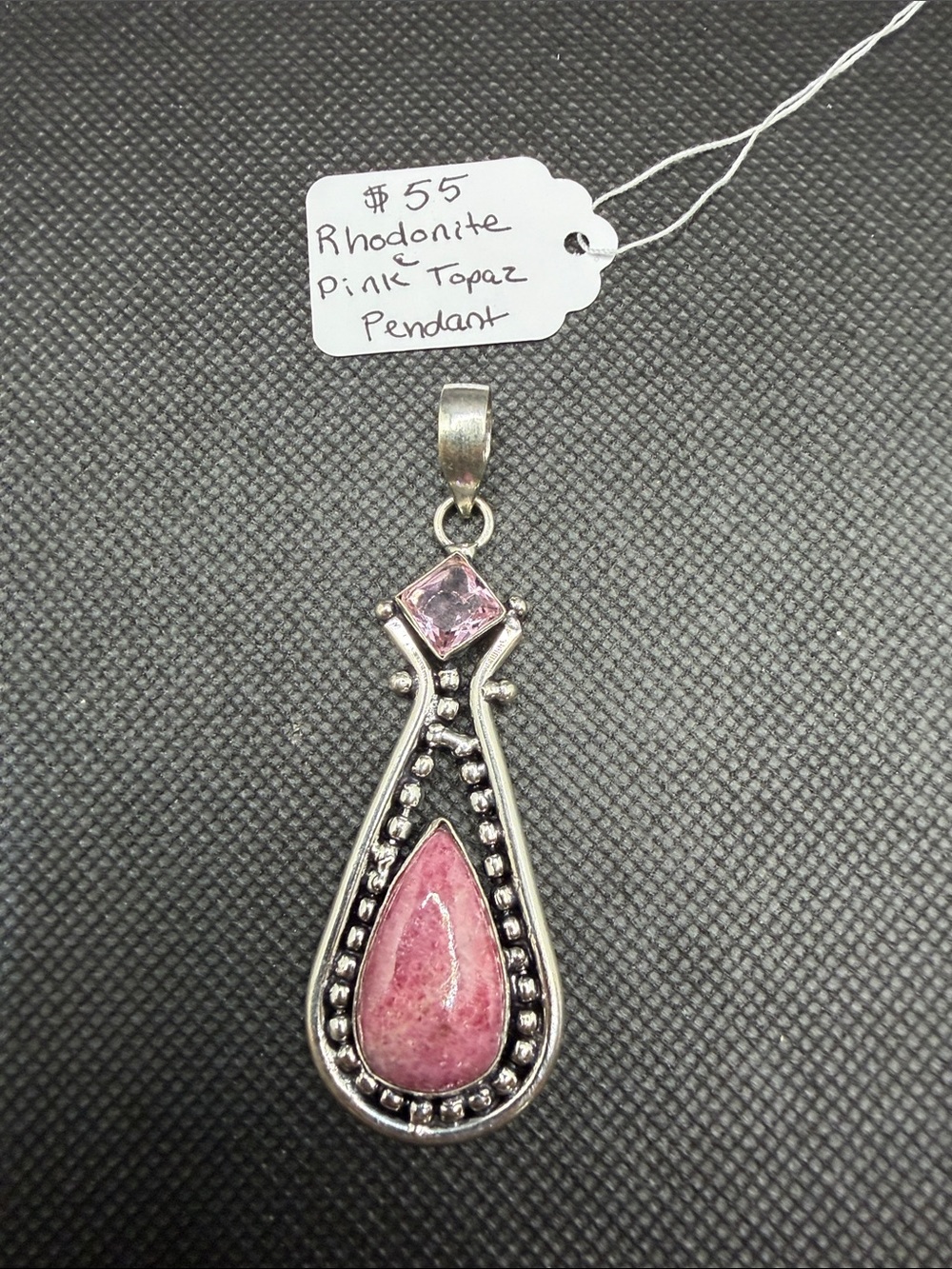 Rhodonite & Pink Topaz Sterling Silver Teardrop Pendant 2.75”